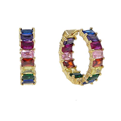 ATJMLADYJEWELRY Fashion Women Jewelry Gold Plated Colorful Rainbow Baguette Cz Hoop Earring ATJMLADYJEWELRY Fashion Women Jewelry Gold Plated Colorful Rainbow Baguette Cz Hoop Earring