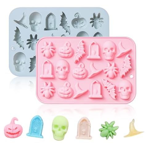 Halloween Silicone Mold 3D Chocolate Molds for Baking Chocolates Cookies Candy Gummies - Skulls, Pumpkins, Bats, Ghosts, Witches, Tombstone Shapes (2 Pack) Cover