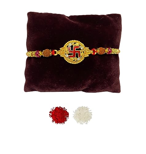Image of Swastik Om Bracelet Luma Rakhi Combo Set with Roli Chawal Packet witghGift For Men || rakhi combo || bhaiya bhabhi rakhi
