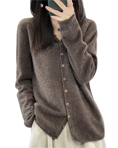 Image of Cashmere Sweaters for Women Button Down V Neck Hooded Cardigan Casual Loose Long Sleeve Soft Knit Pullover Tops