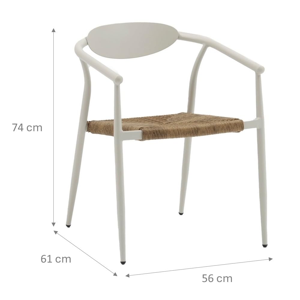 LOLAhome Pack de 2 sillas Contract de jardín Vania de Aluminio Blanco, apilables, Asiento de Cuerda de Rafia, Elegantes, para Comedor, Tratamiento Exterior, Resistentes UV y Humedad