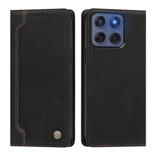 rongki Leather Case for Motorola Edge 60 Fusion, Slim Fit Leather Folio Wallet Case with Magnetic Lock Card Holder Adjustable Kickstand Cover for Motorola Edge 60 Fusion, Black