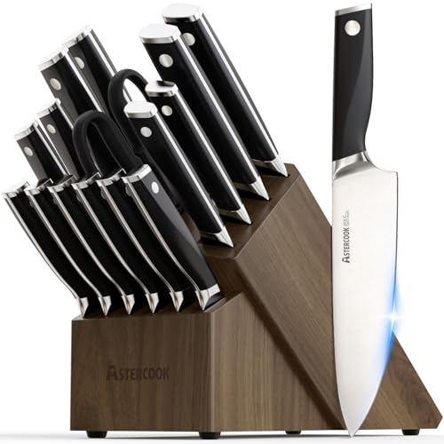 Astercook Knife Set, Kitchen Knives Set with Block and Sharpener Full Tang 17 Pcs German Stainless...