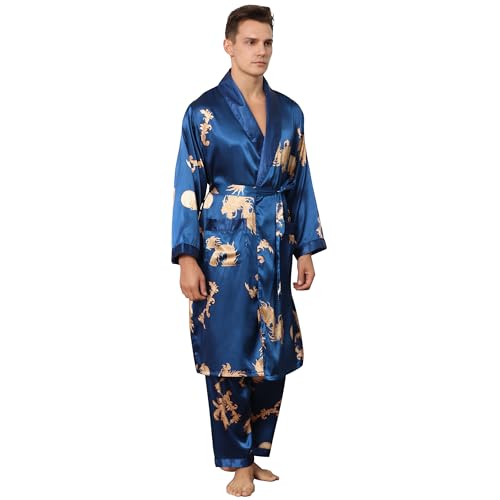 Haseil Men\'s Satin Robe with Pajama Pants Set Long Sleeve Silk Kimono Robe Soft Printed Bathrobe Lightweight Silky Sleepwear, Blue, Tagsize 3XL=Ussize XL