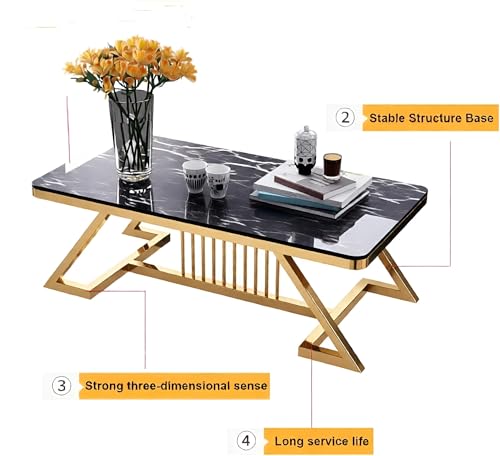 Image of Modern Rectangular Marble-Like Top Coffee Table with Metal Base for Living Room Sofa Center Tea Table for Home & Office Easy DIY Assembly (90 x 48 x 48 cm)(Golden Black)