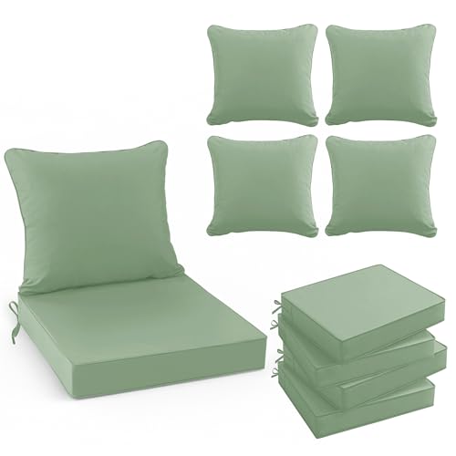 Outdoor Cushions for Patio Furniture, Double-Sided Waterproof Backrest and Deep Seat Cushion Set with Removable Cover, 22 x 22 Inch, Sage Green, Set of 4