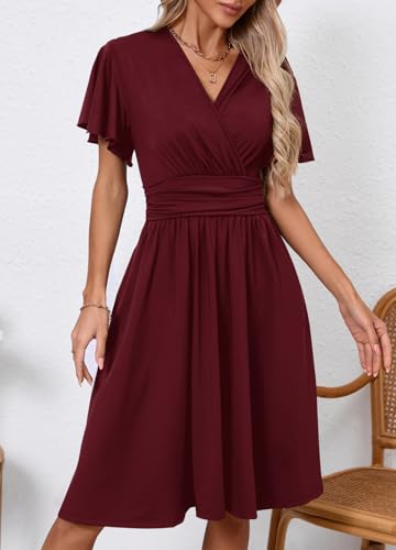 Image of Women's Casual Summer Dress V Neck Short Sleeve Flowy Stretchy Comfort Fit for Daily Wear Work Midi Dresses