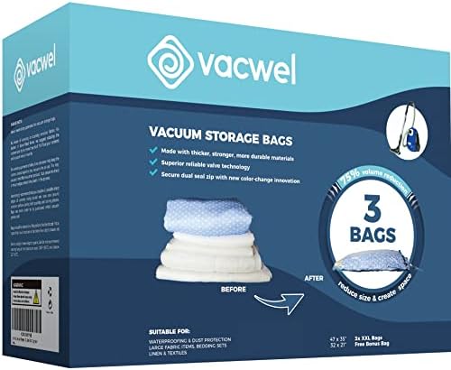 Vacwel 3-Pack XXL Vacuum Storage Bags - 47 x 35" XXL Space Saver Bags for Clothes Storage – XL Comforters - Mattress Topper - Blanket Storage – Vacuum Sealer Bags – Ziplock Sealed (3x XXL Bags)