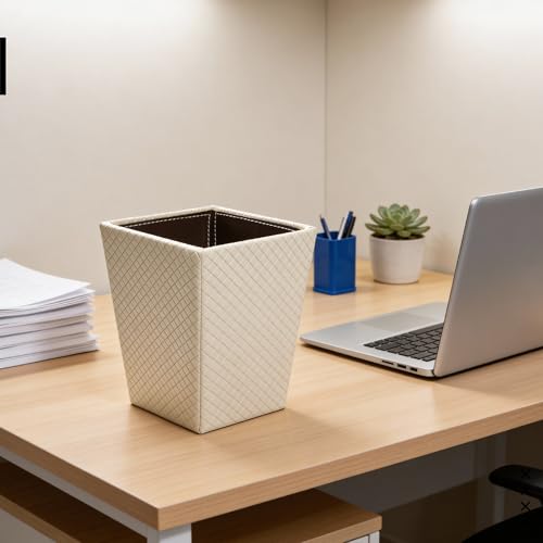 Image of Encasa XO Leather Dustbin for Home | 3 L (15x19 cm)(Small) Waste Bin for Bedroom, Washrooms, Kitchens Office, Hotel | Noise free, Floor Safe Trash Can | Textured Leather Garbage Bin - Cream