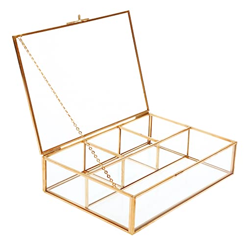 Highfree Golden Vintage Glass Box, Clear Keepsake Box Jewelry Organizer And Counter Top Collection Display Case, Decorative Clear Glass & Brass Box #TOP5