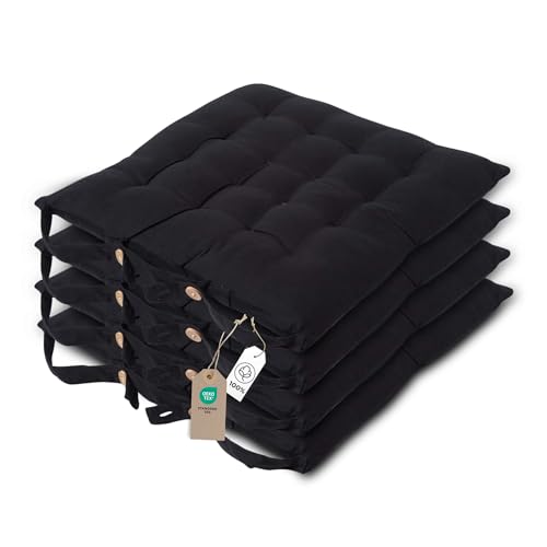 Homescapes 4er Set Stuhlkissen 40x40 cm schwarz – Sitzkissen Outdoor/Indoor mit Baumwollbezug, Sitzpolster waschbar und Oeko-TEX-Zertifiziert für Esszimmer-, Küchen- & Gartenstühle
