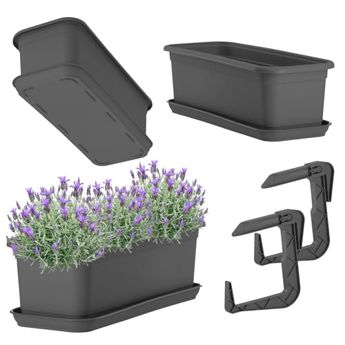 KADAX Jardinière 40 cm avec sous-plateau et support, Anthracite – Pot de fleurs pour balcon en plastique, Pot de plantes pour intérieur et extérieur, Pot...