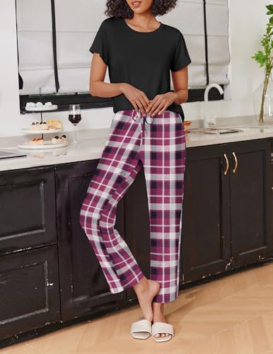 Image of Ekouaer 2 Pack Pajamas for Women Set Short Sleeve Pj Top and Printed Pants | Soft PJs Cozy Printed Lounge Sets Comfy Sleepwear with Pockets