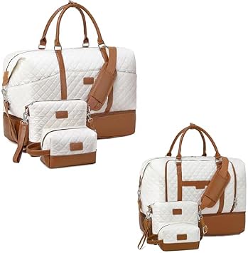2 Set White Brown Weekender Bags for Women with Toiletry Bags