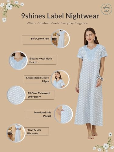 Image of 9shines Label Stylish Chikankari Cotton Nighty Maxi for Women | Full Length Nightgown | Nightdress with Pocket | Embroidery Nighty | Soft Comfortable Cotton Nightwear (1545)