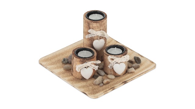 Vassoio Decorativo Set Portacandele Relaxdays | Vassoio Con 3 Vasetti | Stile Shabby Chic Cuori | Centrotavola Beige E Bianco Set Portacandele Cuori