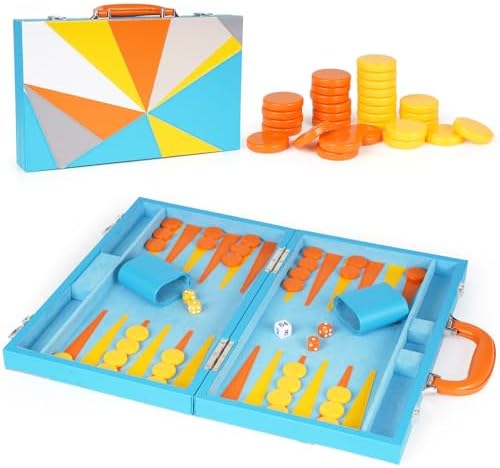 Backgammon Set, 15 Inches Classic Board Game with Leather Case, Geometric Leather Backgammon Game, Folding Portable Travel Strategy Backgammon Game Set for Adults