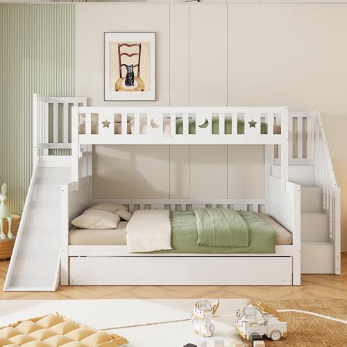 Moimhear Cama Infantil, litera de Madera Maciza con tobogán y Estante con escalones de Seguridad, Blanco (90x200cm+140x200cm+90x190cm(con Cama Nido))