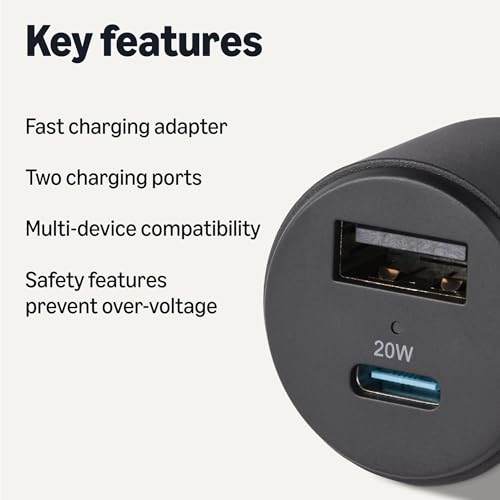 Amazon Basics USB-C Car Charger, 32W Fast Charging Automobile Cell Phone Adapter, Dual-Port (20W USB-C + 12W USB-A) with 3-Ft Cable, Compatible with iPhone, Samsung, iPad & MacBook Air, Black - image 2