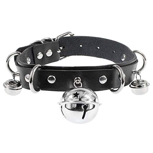 Daimay Bells Choker Necklace PU Leather Goth Choker Collar with Bell Punk Rock Collar Adjustable Size - Black