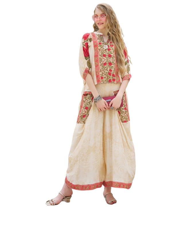 Beige Base Embellished Floral Co-ord Set in Viscose Slub-picture-52