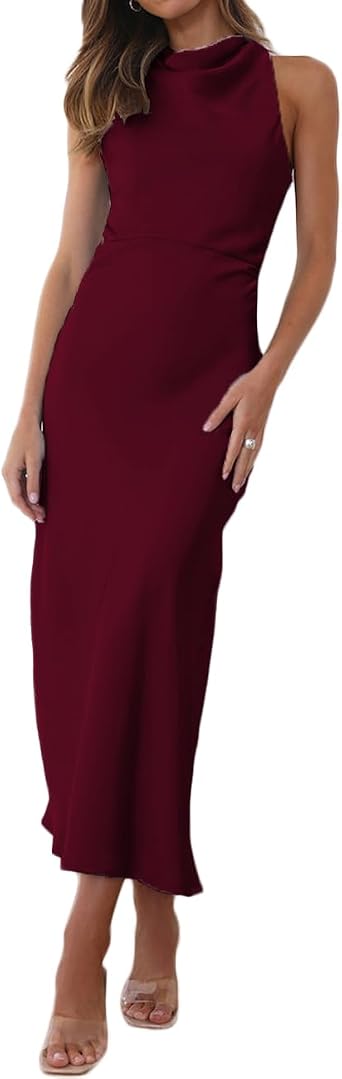 Halfisland Satin High Neck Backless Sleeveless Midi Dresses for Women Elegant Mock Neck High Waist Cross Back Cocktail Dress
