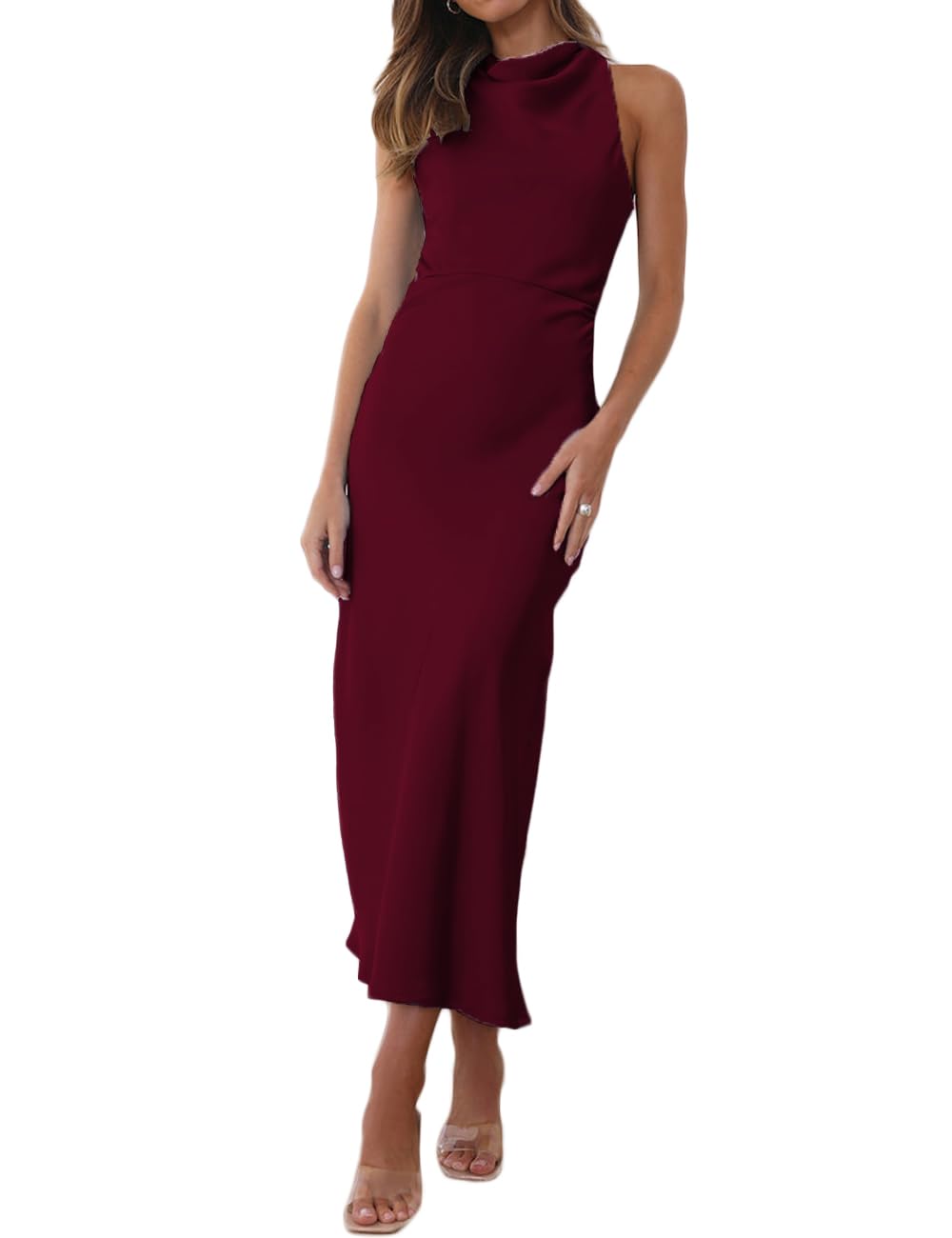 Halfisland Satin High Neck Backless Sleeveless Midi Dresses for Women Elegant Mock Neck High Waist Cross Back Cocktail Dress