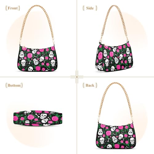 Skulls with Roses Shoulder Bag for Women, Handbag with Chain Strap, Soft Purse Tote Bag for Ladies3