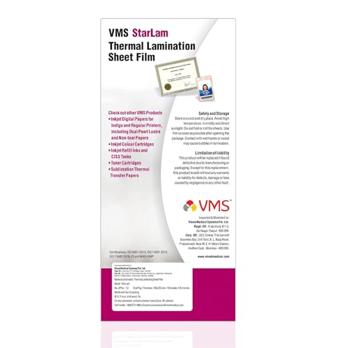 Image of VMS Starlam Thermal Lamination Pouch Sheets 100mmx230mm 125 Micron 100 Laminating Sheets for Aadhar Card Size Pack of 1