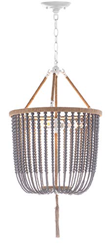SAFAVIEH Lighting Collection – Angie Boho Farmhouse Grey 3-Light Beaded Adjustable Pendant Chandelier with Tassel, LED Bulbs Included (LIT4476C)