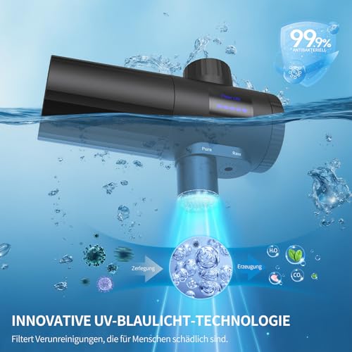 HOMELODY Wasserfilter Trinkwasser für Küche, entfernt Chlor, Schwermetalle & Kalk, verbessert den Geschmack, 12x Adapter, Blaulicht & 1 Filter enthalten, Wasserfilter Wasserhahn 3.0 mit LED-Anzeige