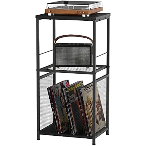 DOMYDEVM Black Nightstand, Record Player Table Turntable Stand with Record Storage, 3-Tier Modern Side End Table for Living Room, Bedroom, Office Cover