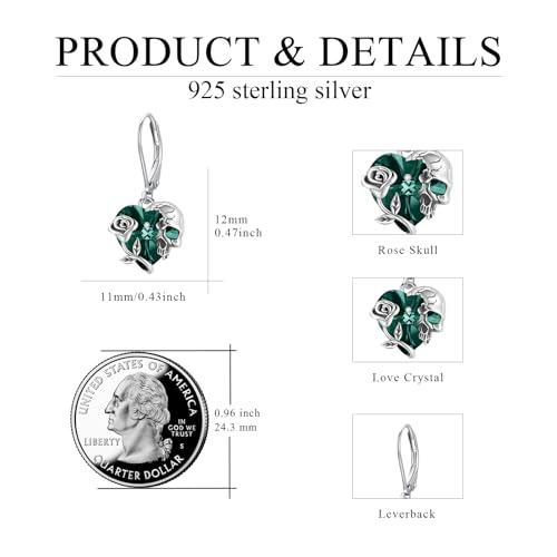 S925 Sterling Silver Skull Earrings Heart Crystal May Birthstone Dangle Drop Earrings Skeleton Leverback Earrings Hypoallergenic Gothic Skull Jewelry for Women Halloween Gifts2