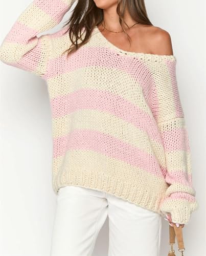 Oversized Knit Sweaters for Women Crewneck Long Sleeve Striped Loose Fit Drop Shoulder Jumpers Y2k Aesthetic Clothes3