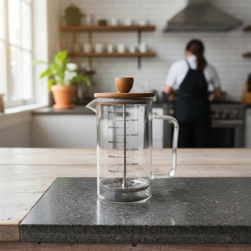 Deconox Akasya Ahşap Kapaklı Borosilikat Cam French Press - Ölçü Çizgili Kahve ve Çay Demliği (350ml ve 600ml Boy Seçenekli) (600ML)
