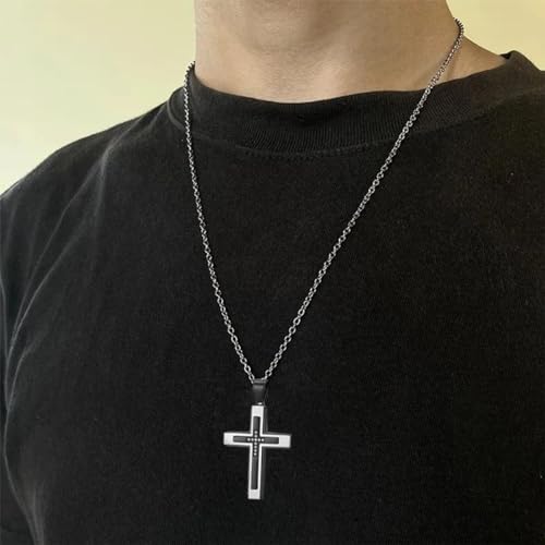 MOOSKI Cross Necklace for Men,Silver Gold Black Mens Cross Necklaces with Cross Chain and 316 Stainless Steel Cross Pendant Jewelry Gifts,Rolo Chain 20-28 Inch3