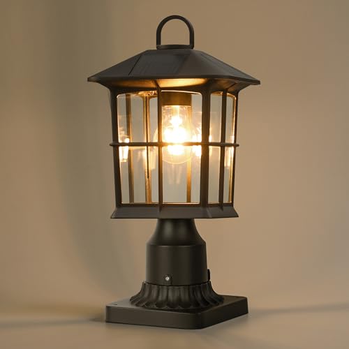 LUTEC Outdoor Solar Lamp Post Light with Pier Mount Base, Dusk to Dawn Waterproof Post Light Fixtures, Black Solar Powered Aluminum Lamp Post Lights for Outside
