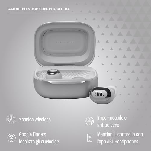 JBL Live Buds 3 Cuffie Wireless Bluetooth, 40 Ore di Autonomia, con Cancellazione Adattiva del Rumore e High-Resolution JBL Signature Sound, Impermeabili IP55, Argento - Vista 2