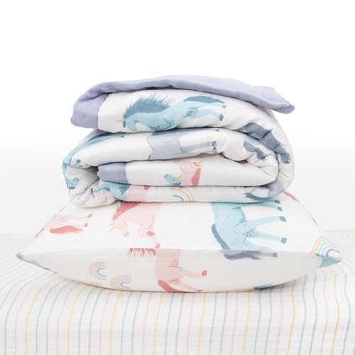 Image of Little Unicorn Toddler Bedding 3-Piece Set | Includes Comforter, Crib Sheet & Pillowcase | Soft & Breathable Muslin Fabric | for Convertible Cribs & Toddler Beds (Unicorns)