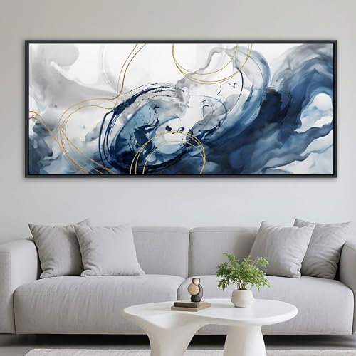 Image of Mofutinpo Blue Abstract Wall Art Large Canvas Wall Decor Modern Home Decor Office Wall Decor Home Decorations for Living Room Navy Blue Minimalist Bedroom Artwork 31x70IN