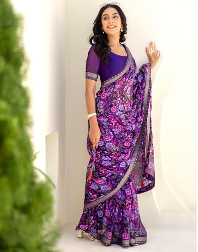 Image of SIRIL Women's Chiffon Printed Saree With Unstitched Blouse Piece