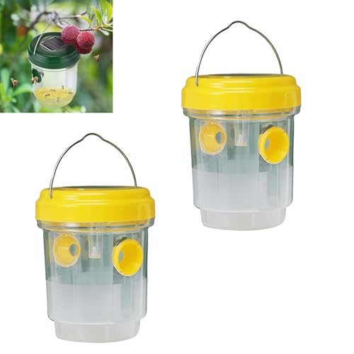 RJSQAQE Lot de 2 pièges à guêpes à suspendre en plein air - Fonctionne à l'énergie solaire - Efficace - Pour l'extérieur et l'intérieur - Piège à mouches à fruits - Piège à frelons - Jaune