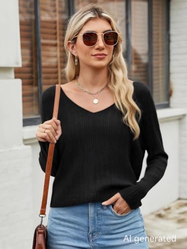 Image of Simple&Opulence Women's Long Sleeve V-Neck Sweater Off-Shoulder Light Cropped Sweaters for Women Wool Sweater S-XL