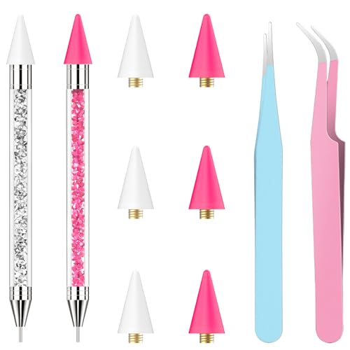 OIFEN Rhinestone Picker Tool,2 Wax Pencil for Rhinestones, Dual-Ended Rhinestone Applicator Wax Pen Gem Picker Tool with 6 Extra Wax Tips and 2 Tweezers (Pink+White)