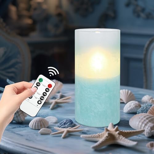 Image of Glass Flameless Candles with Timer, Battery Operated Flickering Led Pillar Candles, Turquoise Candles for Home Decorations, Centerpiece, Nautical Theme Party