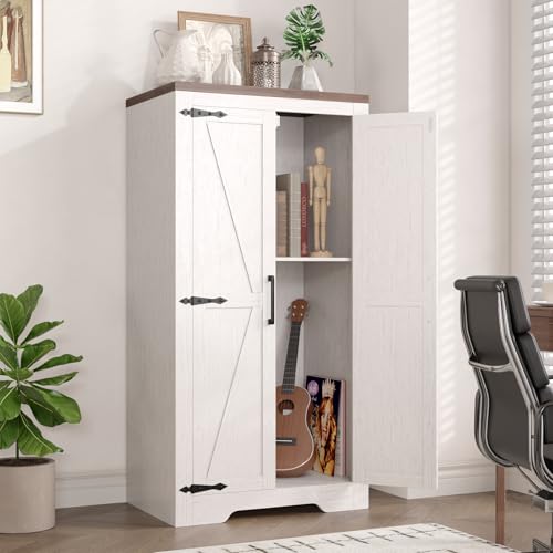 Befrases 47\" Kitchen Pantry Cabinet, Farmhouse Storage Cabinet with Barn Doors and Adjustable Shelves, Freestanding Kitchen Hutch,Wood Cupboard for Living Room, Bathroom, Hallway, White