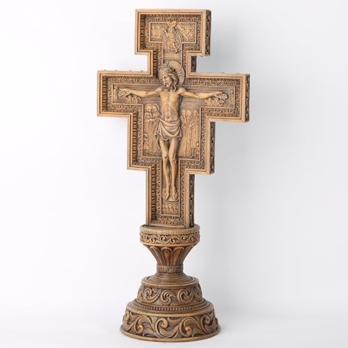 BC Catholic San Damiano Crucifix Standing Cross, Wood-look Crucifix for Home Altar, Religious Gifts, 17.9\" H Handmade Renaissance Sculpture by Buildclassic - Thumbnail 4