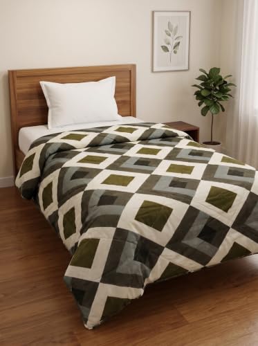 Image of Mafatlal 120 GSM Tulip All Weather Single Comforter | Reversible Microfiber AC Blanket & Quilt | Ultra Soft Lightweight Everyday Bedding Solution Rajai | 154 x 228 cm | Olive Geometric