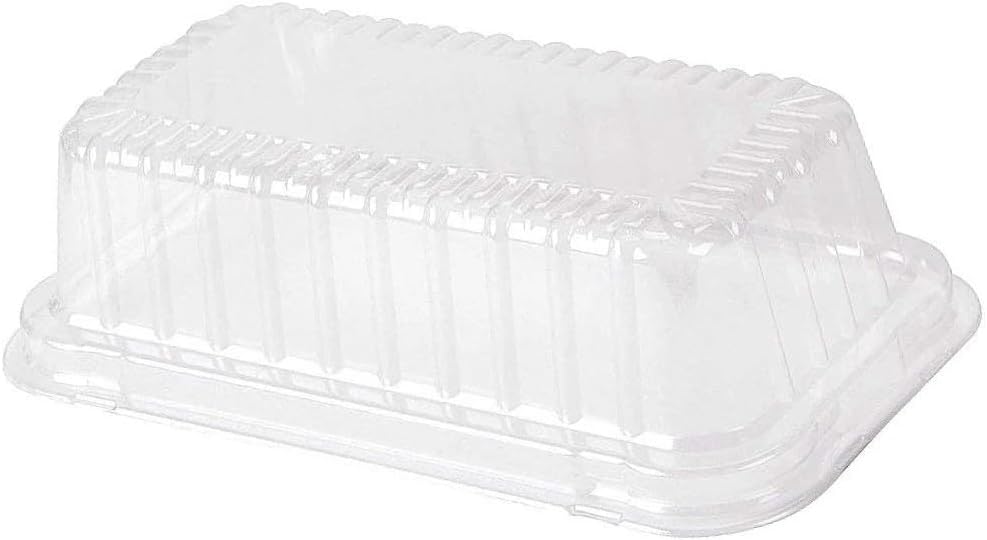 PACTOGO 2 lb. Disposable Red & Silver Holiday Christmas Snowflake Aluminum Foil Standard Size Loaf/Bread Baking Pans with Clear High Dome Lids (Pack of 100 Sets)