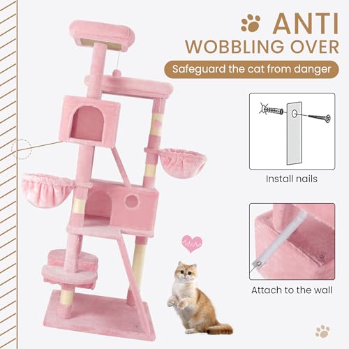 Image of SHA CERLIN 65in Larger Cat Tree Tower Condo for Indoor Kitties /Multi-Level Furniture Activity Center with Wide Base /Cozy Plush Cat Perches /Baskets /Sisal Scratching Posts and Hammock /Pink